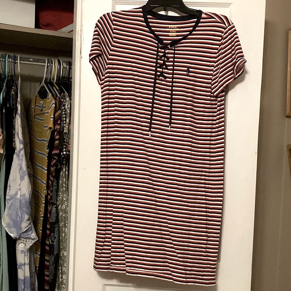 Polo Ralph Lauren vintage bodycon T-shirt dress in red white and blue with tie
